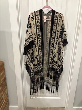 Boho Black velvet & Cream Fringe Kimono Jacket